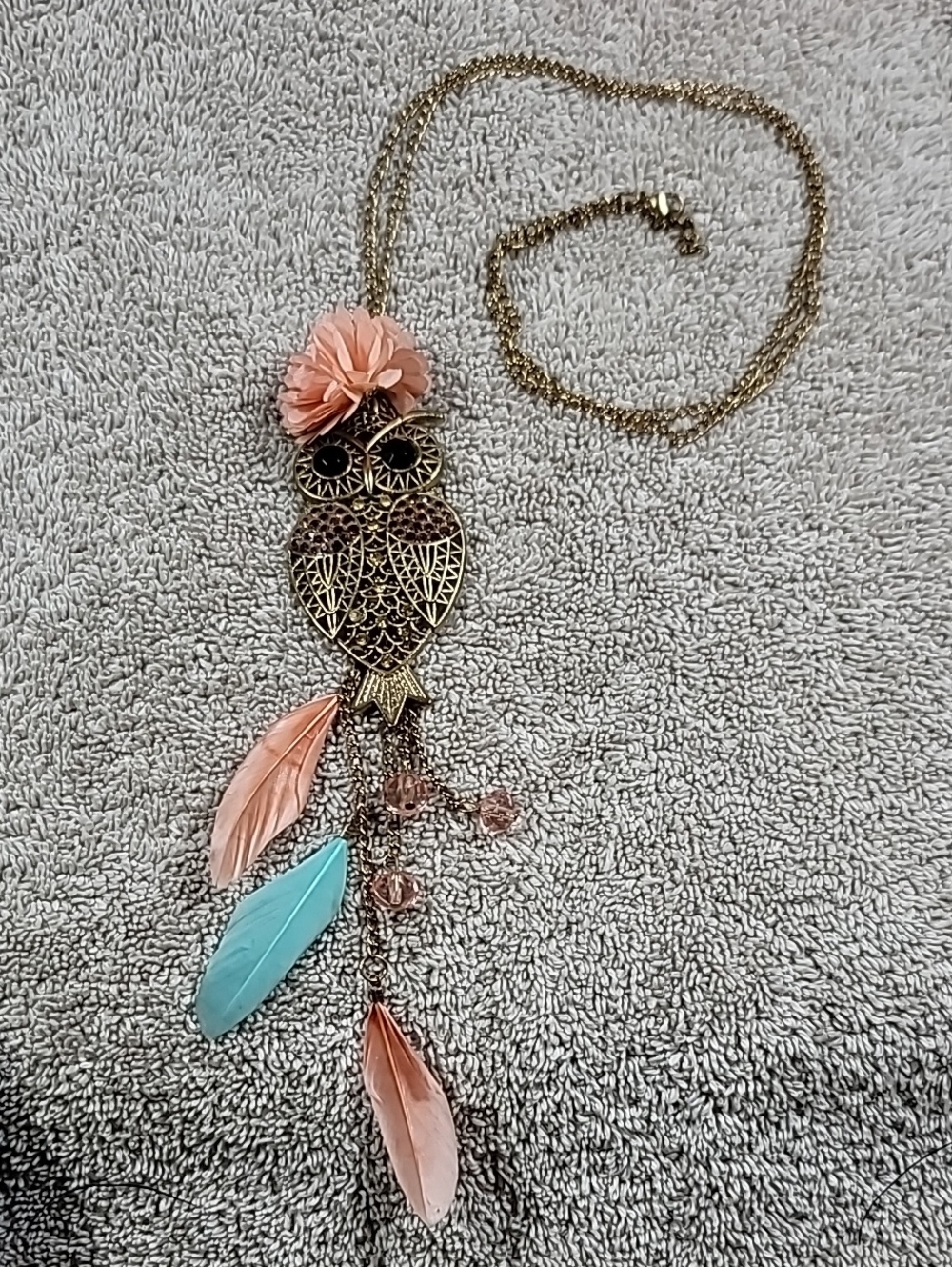 Charming Charlie Bronze-tone Owl Pendant Necklace with Peach and Teal Feathers